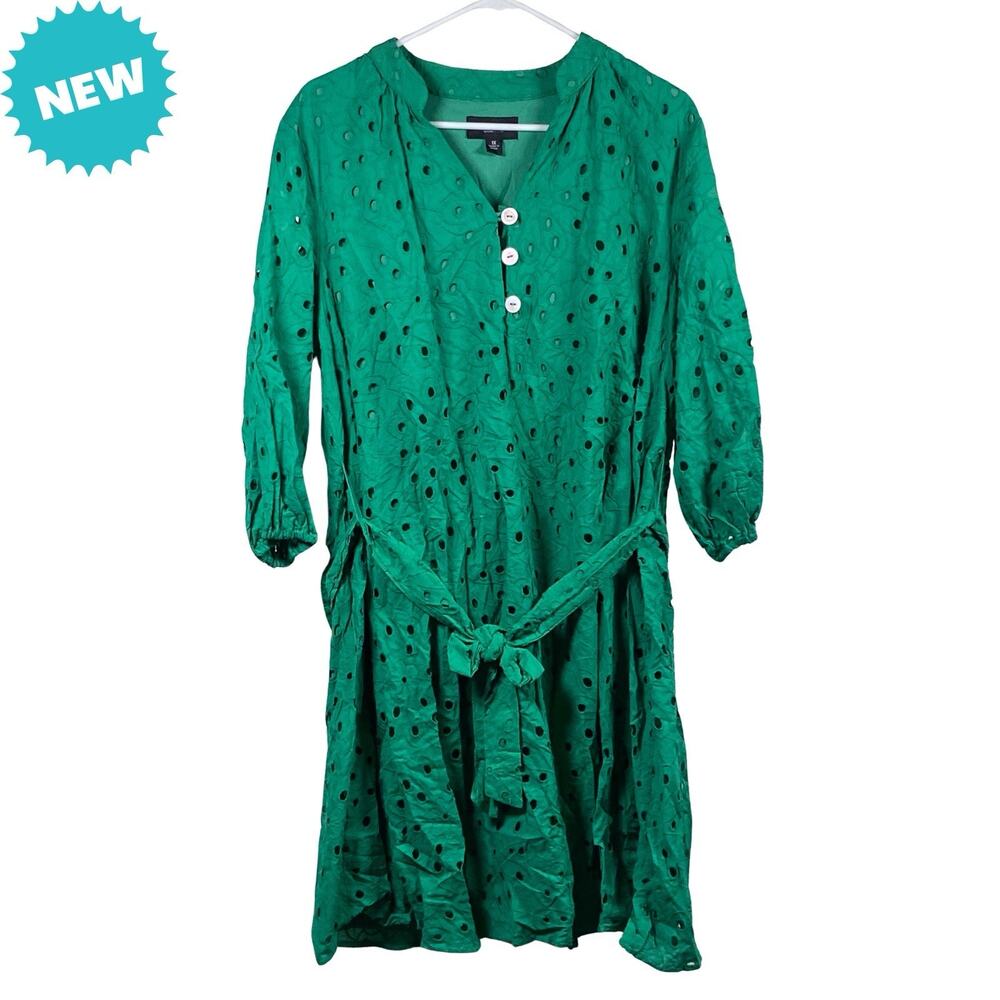 RN Studio Ronni Nicole Eyelet Dress Women's Size 1X Green 3/4 Sleeve Lined NEW